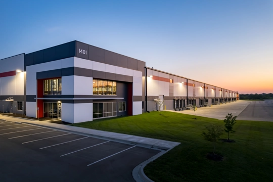 exterior of industrial building at sunset